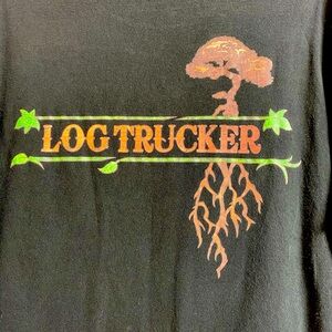 Y2K Tree with deep roots black shirt “Log Trucker”. Not sure size.